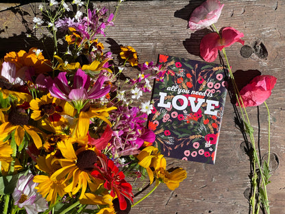 All You Need Is Love bouquet wildflower seed packets. Romantic cut-flower mix with colorful blooms — perfect for weddings, favors, and summer gardens.