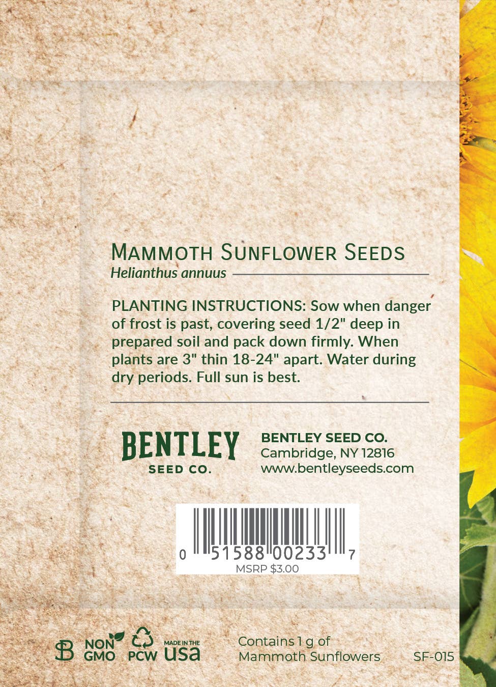 Mammoth Sunflower thank you seed packets. Easy-to-grow sunflower favors that bloom into tall golden flowers — a meaningful plantable gift.
