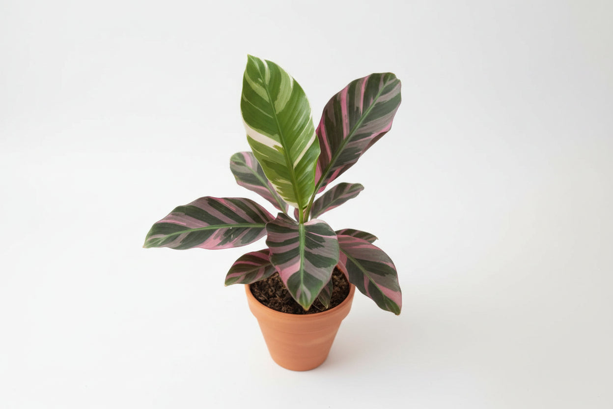 Musa Nono Variegated rare banana plant with green and white striped leaves. Tropical statement plant for bright light and bold indoor jungle styling.