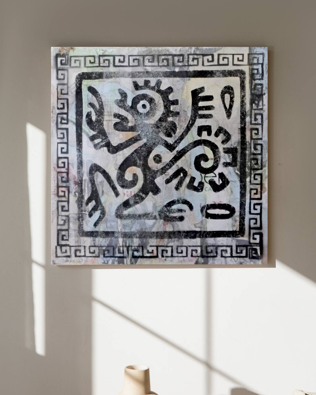 “Mayan Monkey” is a bold 12&quot;x12&quot; mixed media artwork blending Mayan mythology with modern street art. Featuring a playful monkey surrounded by geometric borders, it evokes creativity and ancient symbolism. Perfect for contemporary spaces, this piece adds a dynamic touch of history and urban energy to your decor.