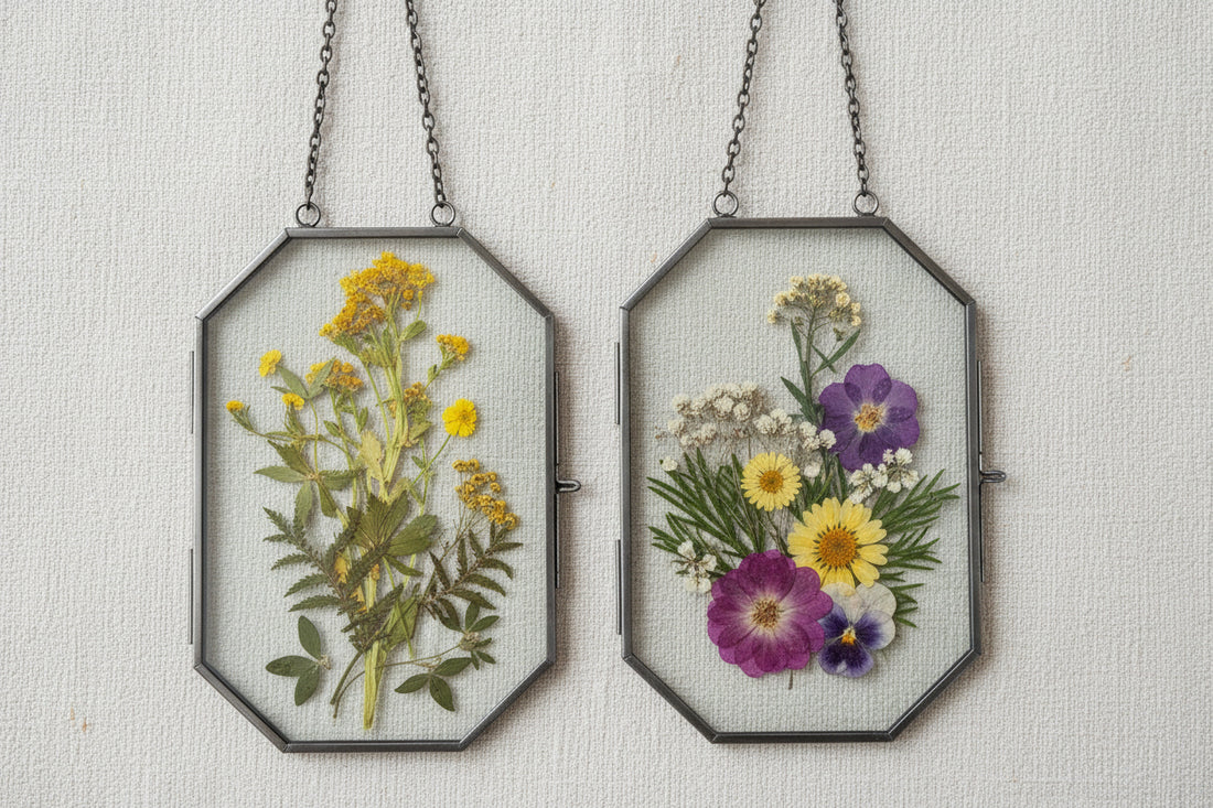 Mini Pressed Flower Hanging Workshop at Jungle Relics. Create a botanical moon or round frame keepsake using real pressed flowers. All supplies included.