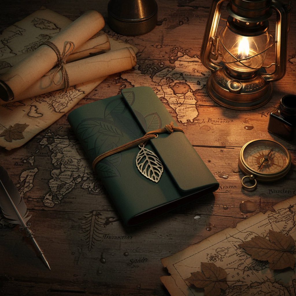 Mini Vintage Leather Journal with dark green botanical cover, metal leaf charm, refillable 6-ring binder and blank kraft pages for writing, travel or sketching.