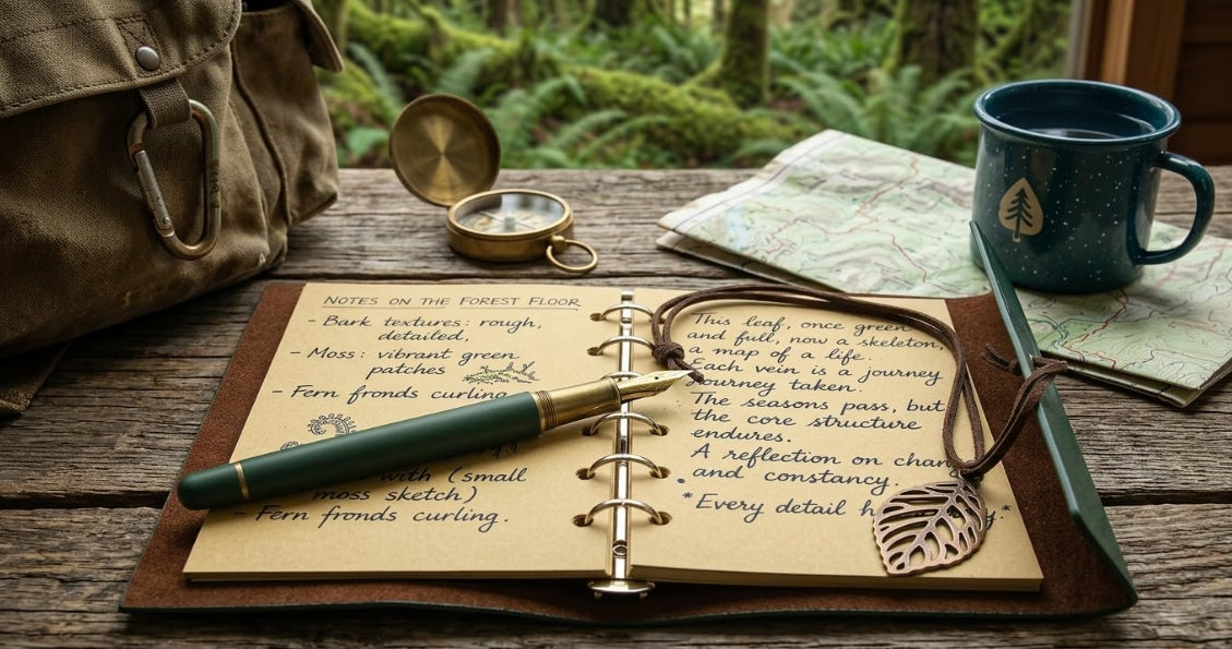 Mini Vintage Leather Journal with dark green botanical cover, metal leaf charm, refillable 6-ring binder and blank kraft pages for writing, travel or sketching.