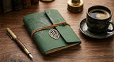 Mini Vintage Leather Journal with dark green botanical cover, metal leaf charm, refillable 6-ring binder and blank kraft pages for writing, travel or sketching.