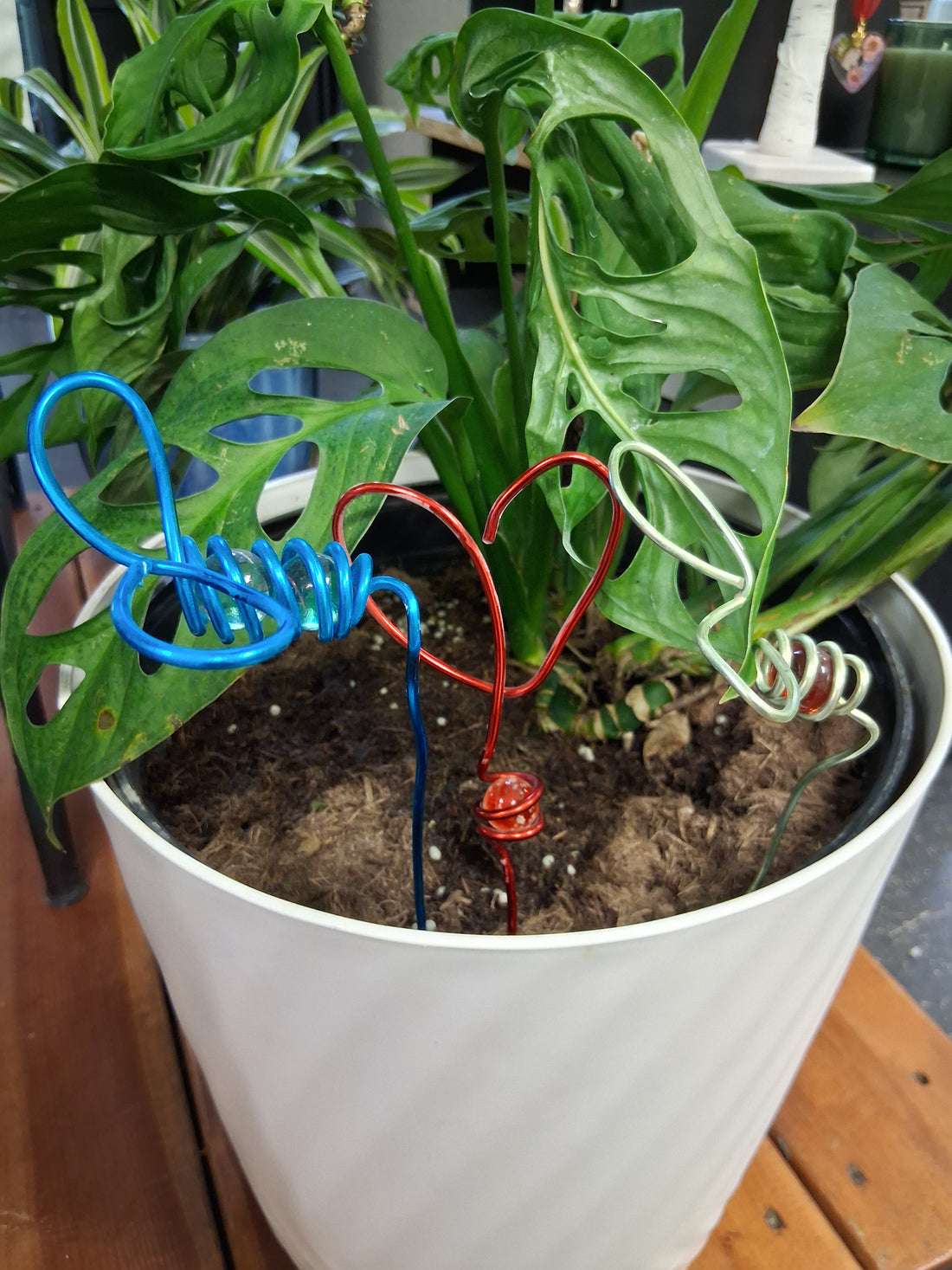 Decorative mini wire and marble plant stakes bring artistic charm to houseplants, terrariums, and plant shelves. Handcrafted botanical accents.