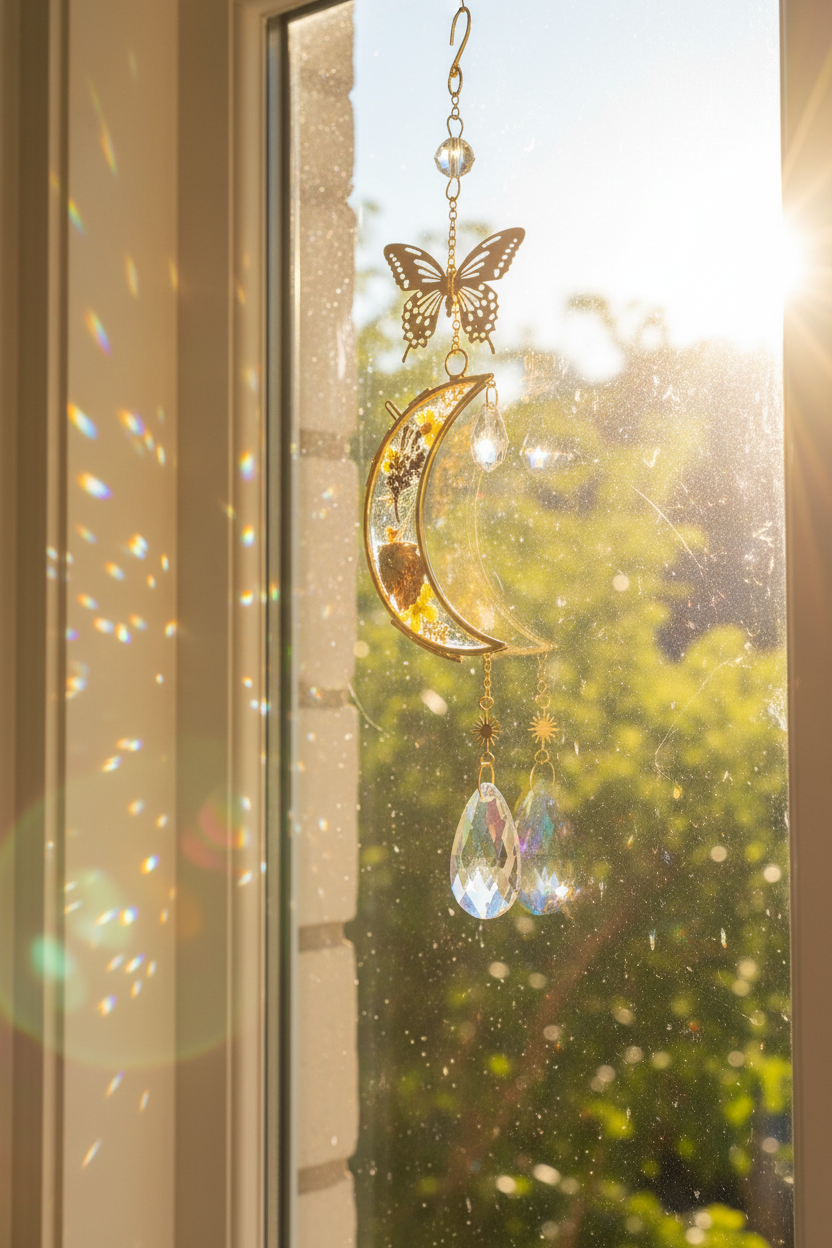 Celestial and delicate, the Golden Moon Floral Suncatcher captures the quiet magic of sunlight and nature in one luminous piece. 