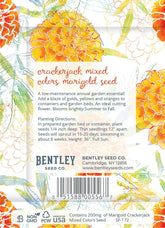 Mother’s Day Crackerjack marigold seed packets with warm orange and yellow blooms. Easy-to-grow container flowers that brighten gardens all summer.