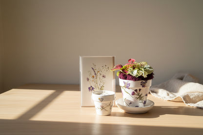 Mother’s Day gift set with live plant, floral terra cotta pot, soy coconut candle, and pressed flower card