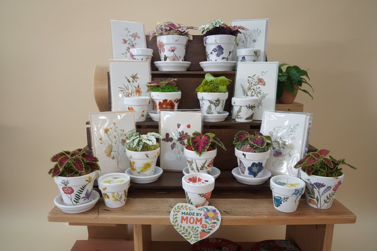 Mother’s Day gift set with live plant, floral terra cotta pot, soy coconut candle, and pressed flower card. Handcrafted, botanical, and ready to gift.