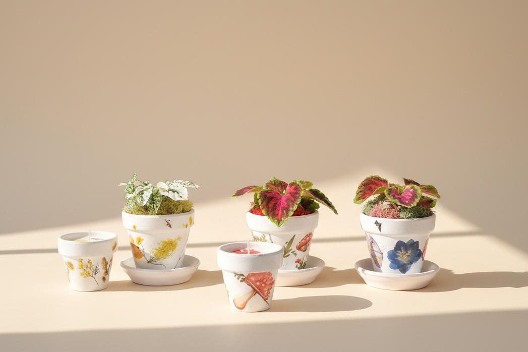 Mother’s Garden Gift Set - Floral Potted Plant, Matching Candle and Card