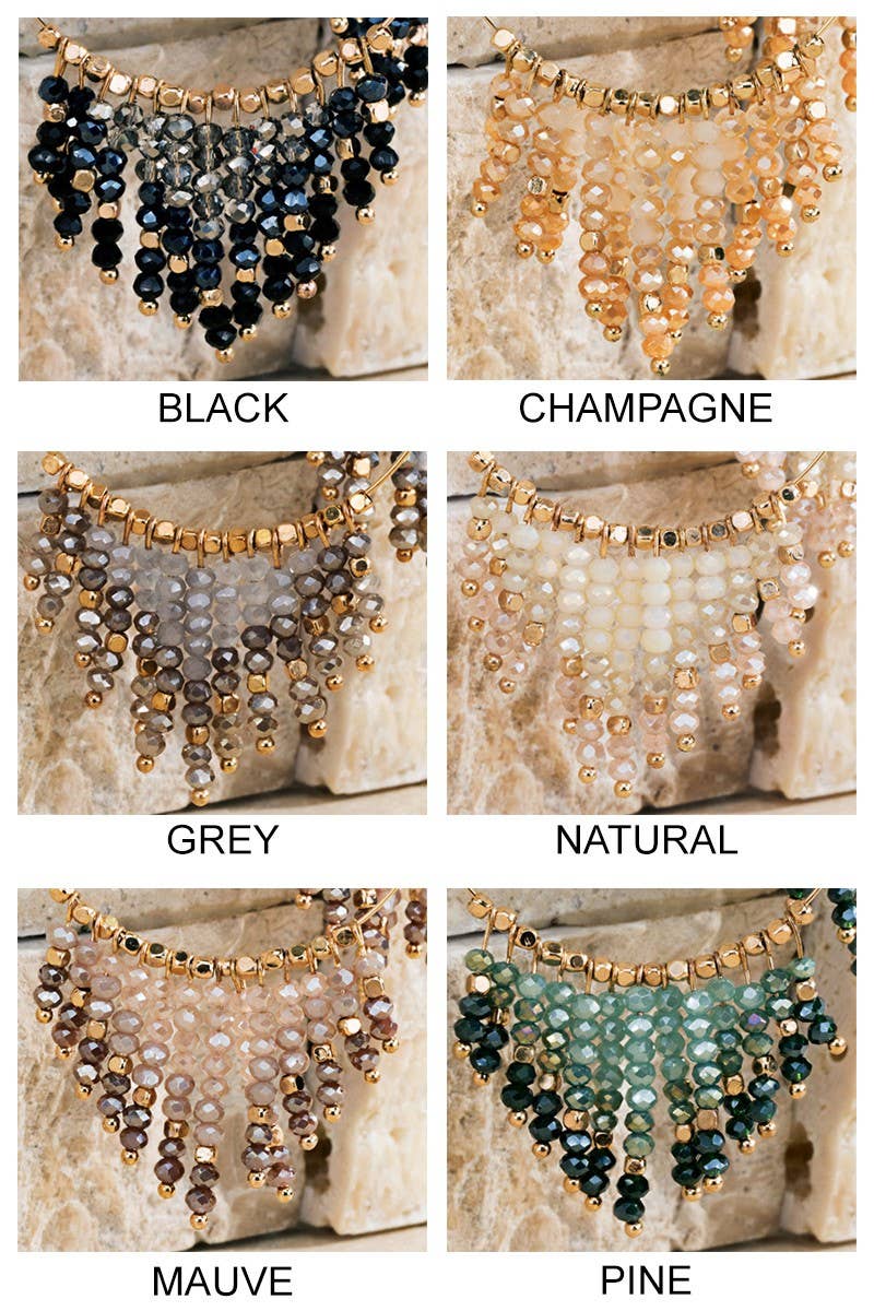 Shimmering beaded tassel chandelier earrings with a lightweight metal ring, hypoallergenic fish hooks, and dazzling glass beads—perfect for any occasion! 