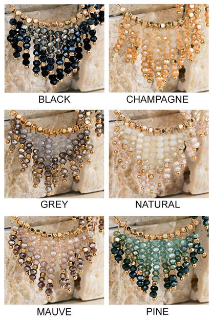 Shimmering beaded tassel chandelier earrings with a lightweight metal ring, hypoallergenic fish hooks, and dazzling glass beads—perfect for any occasion! 