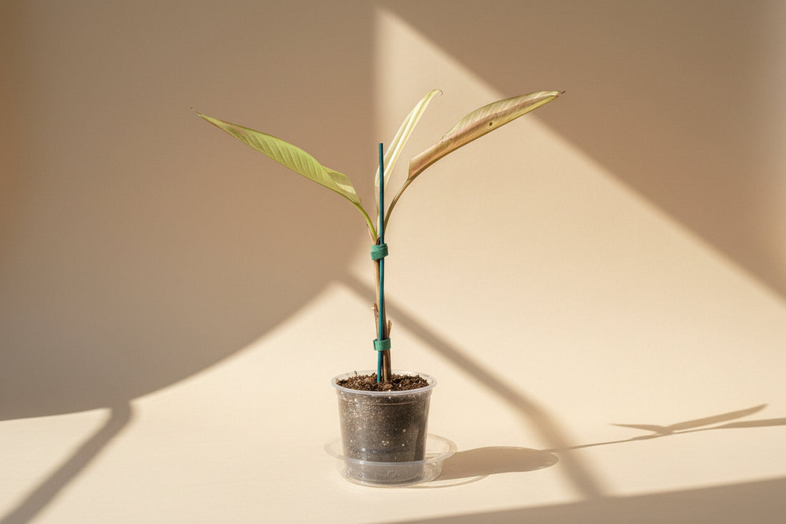Musa Nono Variegated rare banana plant with green and white striped leaves. Tropical statement plant for bright light and bold indoor jungle styling.