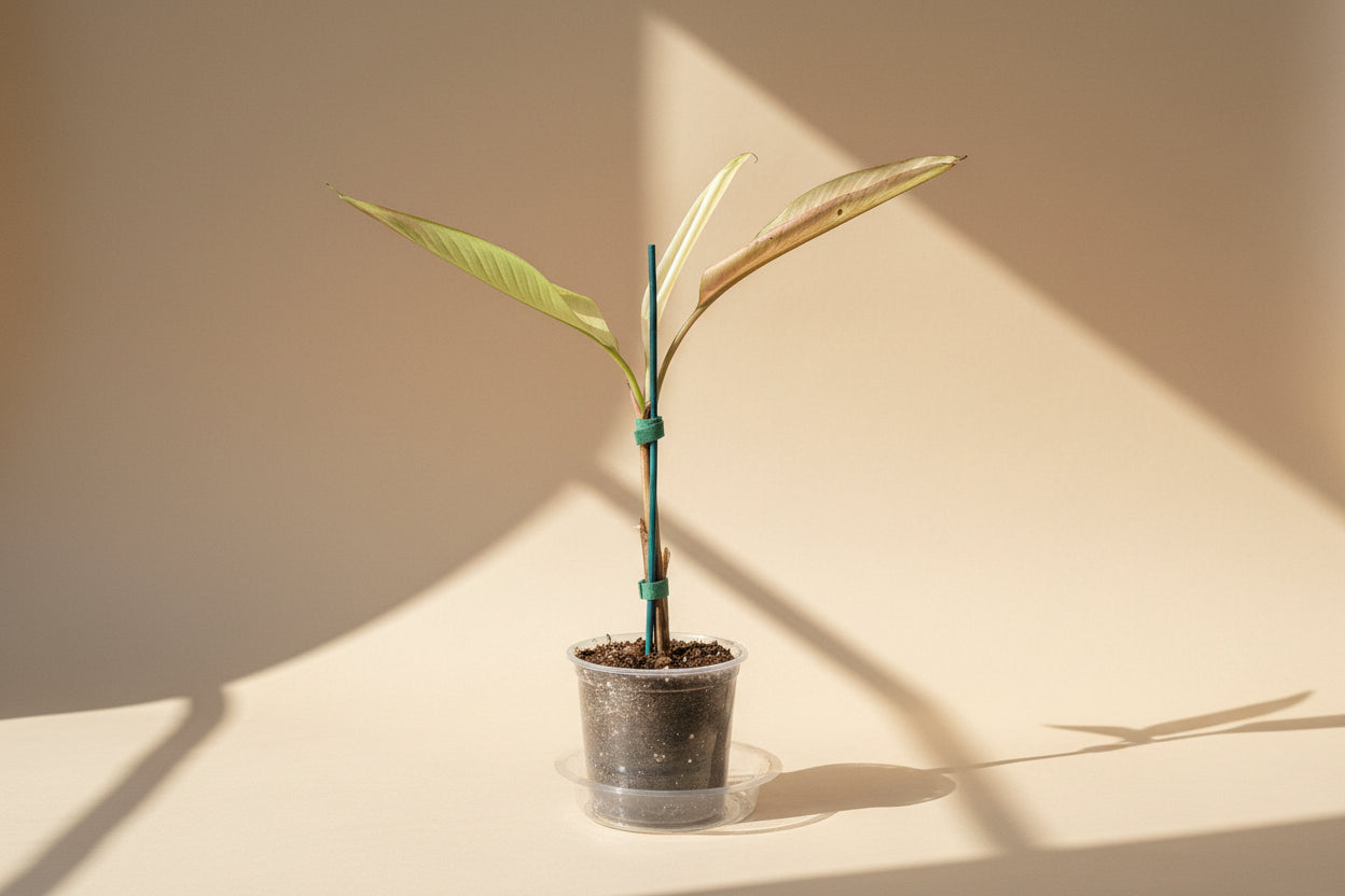 Musa Nono Variegated rare banana plant with green and white striped leaves. Tropical statement plant for bright light and bold indoor jungle styling.