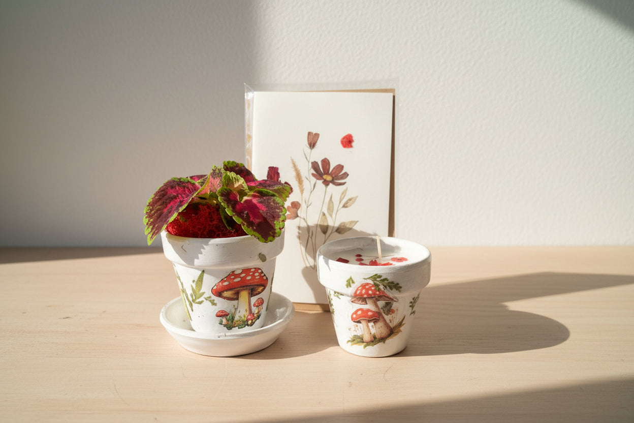 Mother’s Day gift set with live plant, floral terra cotta pot, soy coconut candle, and pressed flower card