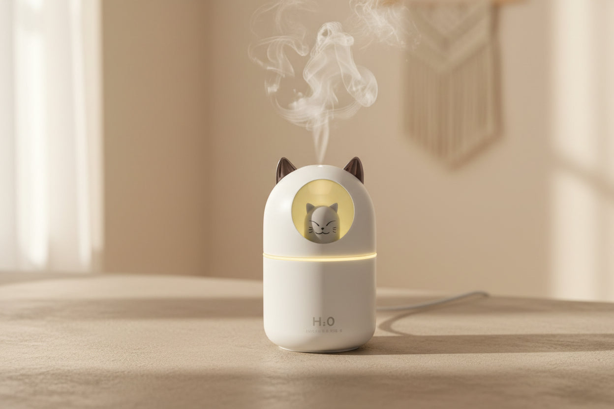 Cute cat mini humidifier with cool mist and soft night light. Quiet 300ml USB humidifier for bedrooms, desks, and nurseries. Auto shut-off.