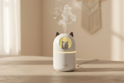 Cute cat mini humidifier with cool mist and soft night light. Quiet 300ml USB humidifier for bedrooms, desks, and nurseries. Auto shut-off.