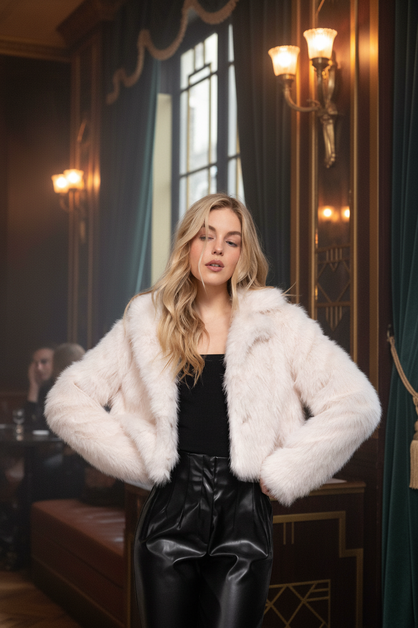 Glam Notched Collar Faux Fur Crop Jacket