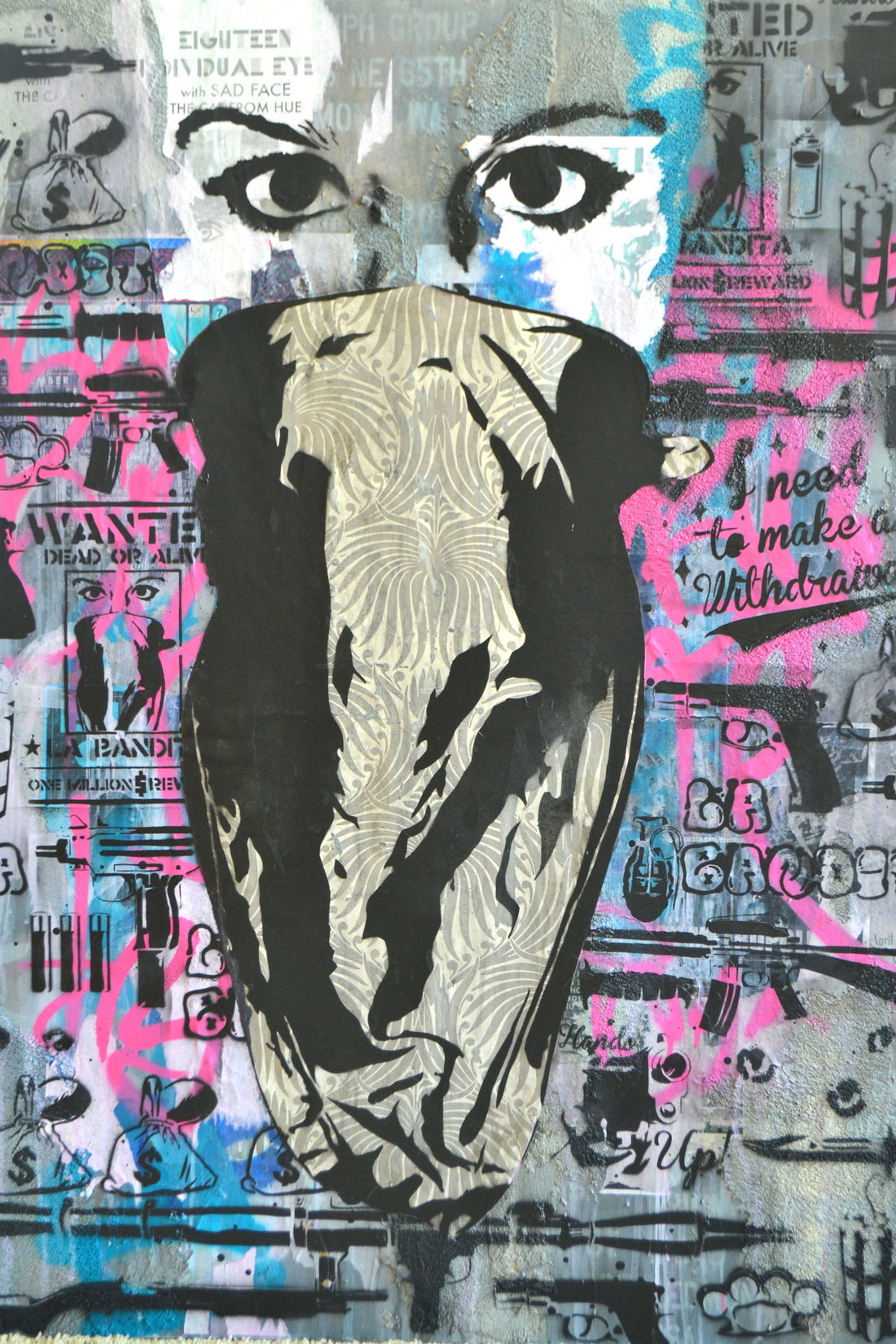 Notorious is a bold 36"x48" mixed media artwork blending street art and graffiti with urban textures. Featuring a masked figure against a backdrop of vibrant pink, blue, and muted tones, it embodies rebellion and raw energy. Perfect for modern spaces, it pairs beautifully with a Monstera plant to create an edgy, balanced aesthetic.