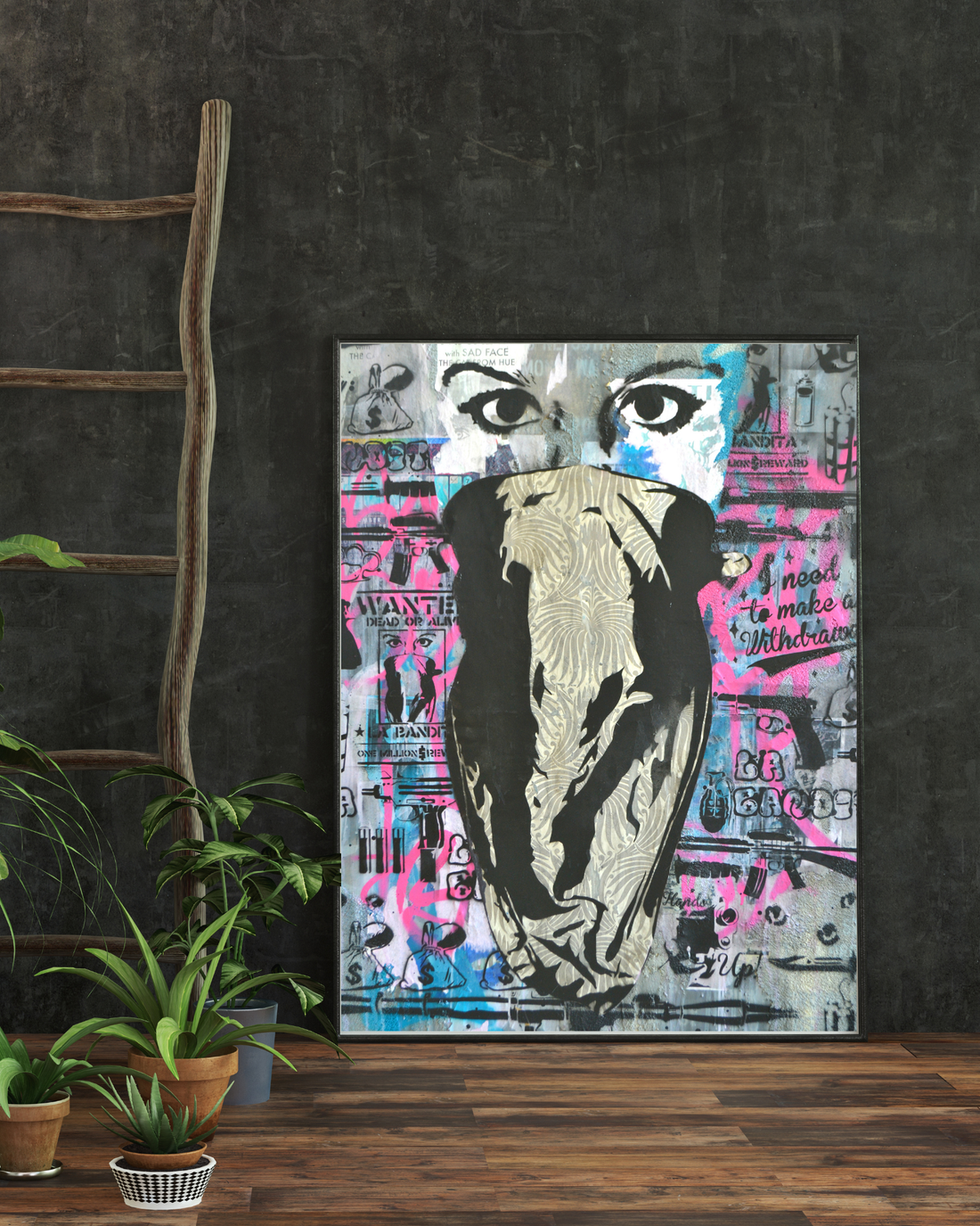 Notorious is a bold 36"x48" mixed media artwork blending street art and graffiti with urban textures. Featuring a masked figure against a backdrop of vibrant pink, blue, and muted tones, it embodies rebellion and raw energy. Perfect for modern spaces, it pairs beautifully with a Monstera plant to create an edgy, balanced aesthetic.