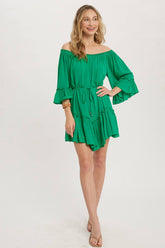 Romantic off-shoulder dress with ruffled sleeves, frilled hem, and a swingy silhouette. Adjustable belt adds shape to this breezy, flounce favorite.