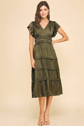 Olive tiered ruffle midi dress with a flattering V-neck, shirred empire waist and flutter sleeves. A romantic, flowing dress perfect for fall and events.