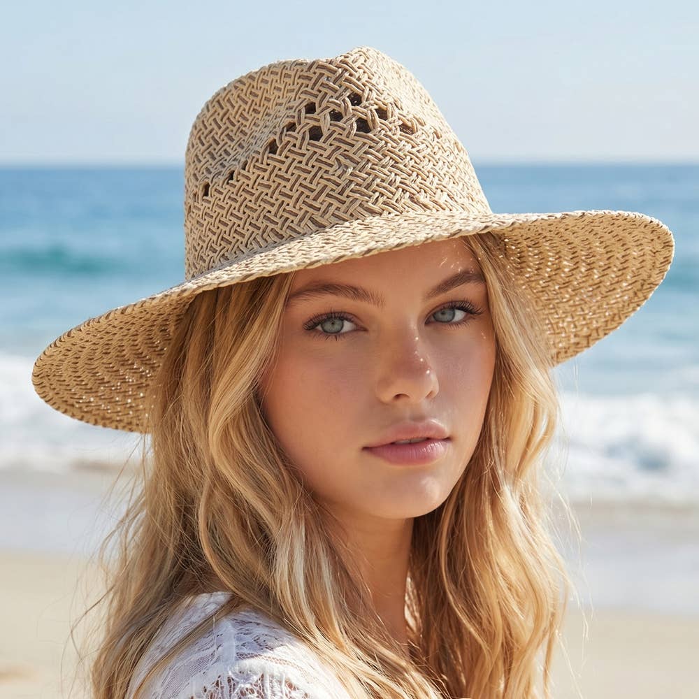 Open weave wide brim straw hat featuring breathable lattice texture and lightweight paper straw design. Perfect for beach days, festivals, vacations, and summer styling.