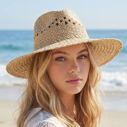 Open weave wide brim straw hat featuring breathable lattice texture and lightweight paper straw design. Perfect for beach days, festivals, vacations, and summer styling.