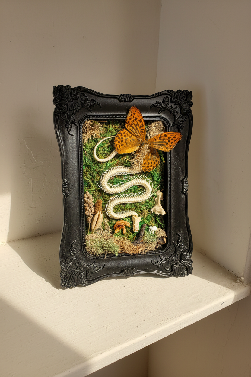 Fantastical Creatures framed oddity art with butterflies, skeletons, moss &amp; found objects. Handcrafted dark botanical décor inspired by nature and magic.