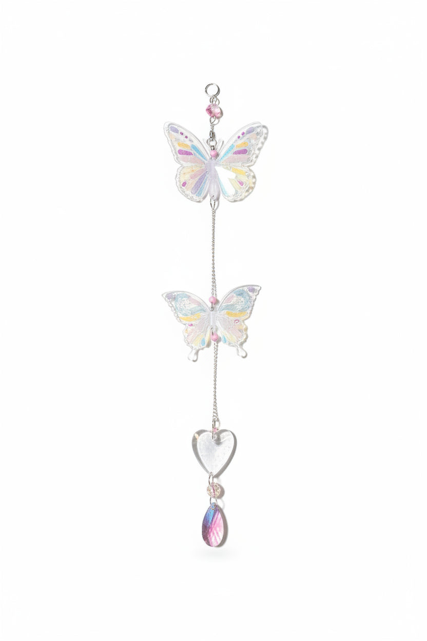 Handmade butterfly suncatchers with real pressed flowers and crystal chain. Reflects sunlight into rainbows—perfect for windows or near plants.