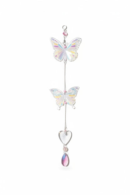 Handmade butterfly suncatchers with real pressed flowers and crystal chain. Reflects sunlight into rainbows—perfect for windows or near plants.