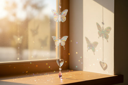 Handmade butterfly suncatchers with real pressed flowers and crystal chain. Reflects sunlight into rainbows—perfect for windows or near plants.