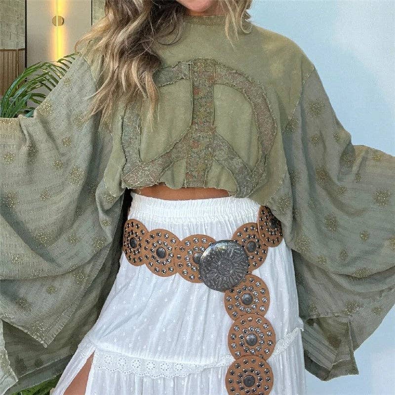 Retro upcycled batwing sleeve tops with artistic prints and loose fit. Perfect for casual wear, festivals, or adding effortless boho-retro flair.