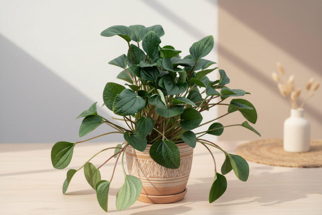 Peperomia albovittata ‘Rana Verde’ features textured green leaves with soft silver striping. A compact, boutique rare houseplant perfect for bright indoor spaces.