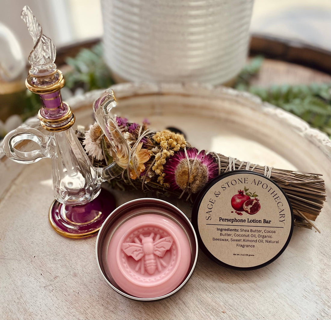 Persephone Lotion Bar hydrates &amp; nourishes with shea butter, cocoa butter &amp; oils. Portable, eco-friendly, and hand-poured for radiant, soft skin.