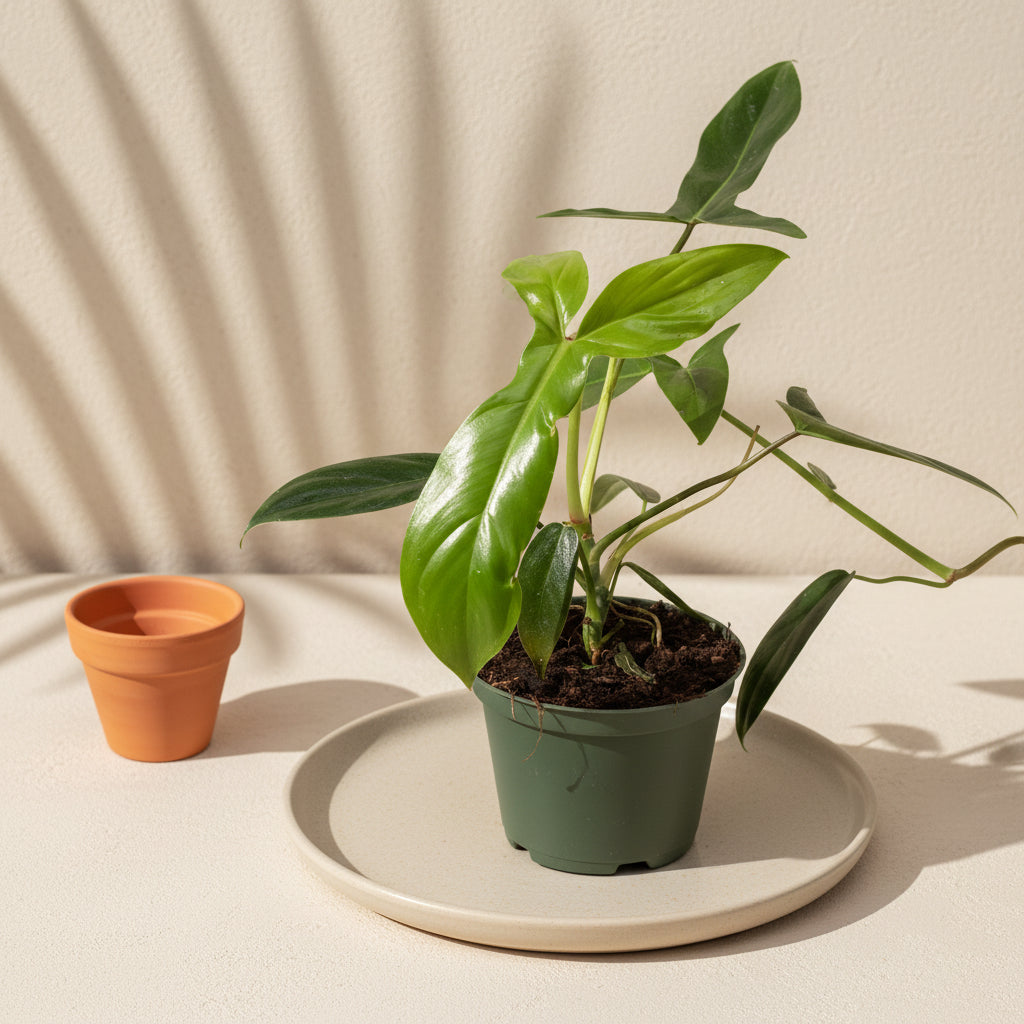 Philodendron Bette Waterbury features dramatic tri-lobed, hourglass leaves and thrives when climbing. A rare collector aroid perfect for bright, indirect light.