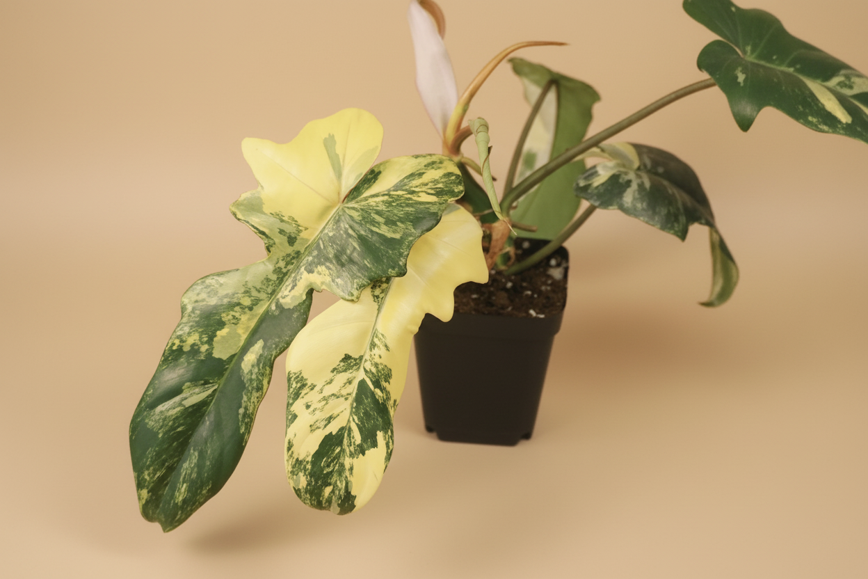 Philodendron Florida Beauty × Mayoi is a rare climbing hybrid with deeply cut leaves and bold cream variegation, prized for its wild, sculptural foliage.