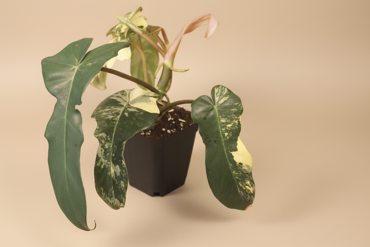 Philodendron Florida Beauty × Mayoi is a rare climbing hybrid with deeply cut leaves and bold cream variegation, prized for its wild, sculptural foliage.