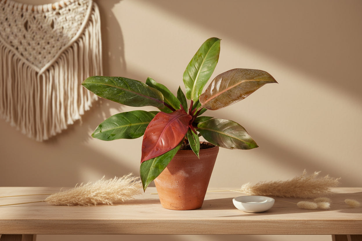 Philodendron Red King shows deep red new leaves that mature to glossy green. A compact, regal aroid that thrives in bright, indirect light indoors.