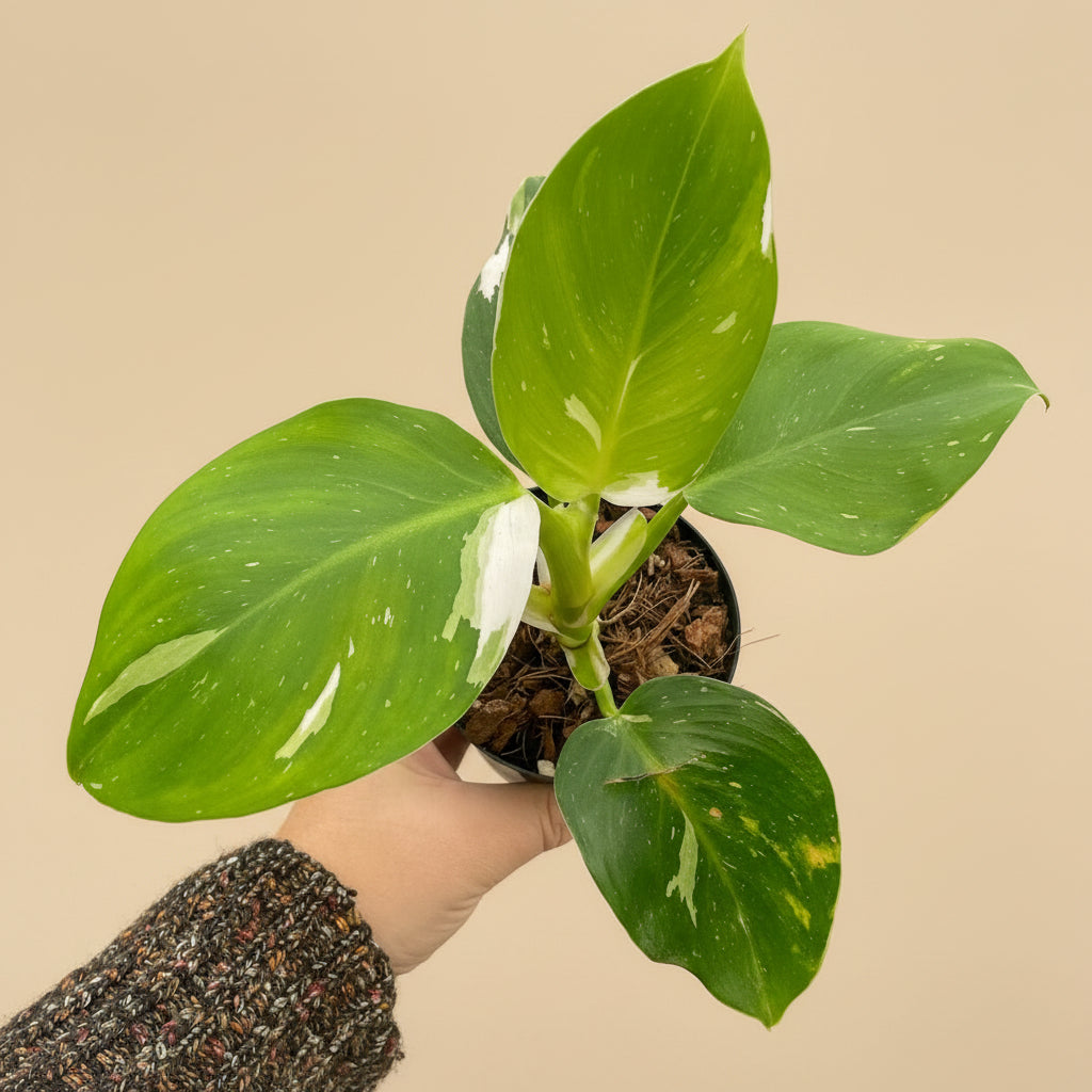 The Philodendron White Wizard is a rare climbing aroid prized for its striking green leaves splashed with white variegation. 
