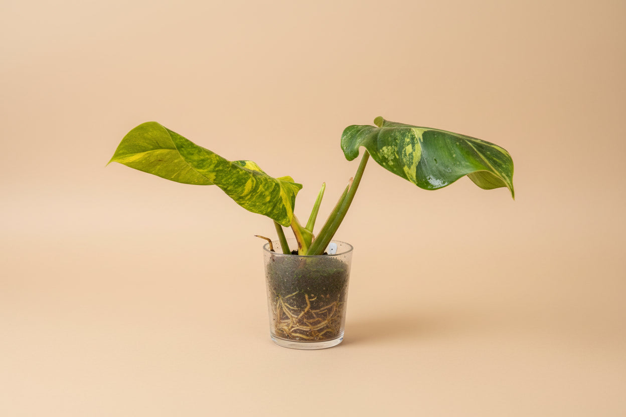 Philodendron domesticum Variegata is a rare climbing aroid with elongated leaves and creamy white variegation. A collector houseplant that adds bold, elegant structure indoors.