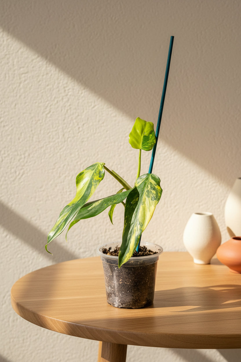 Philodendron domesticum Variegata is a rare climbing aroid with elongated leaves and creamy white variegation. A collector houseplant that adds bold, elegant structure indoors.