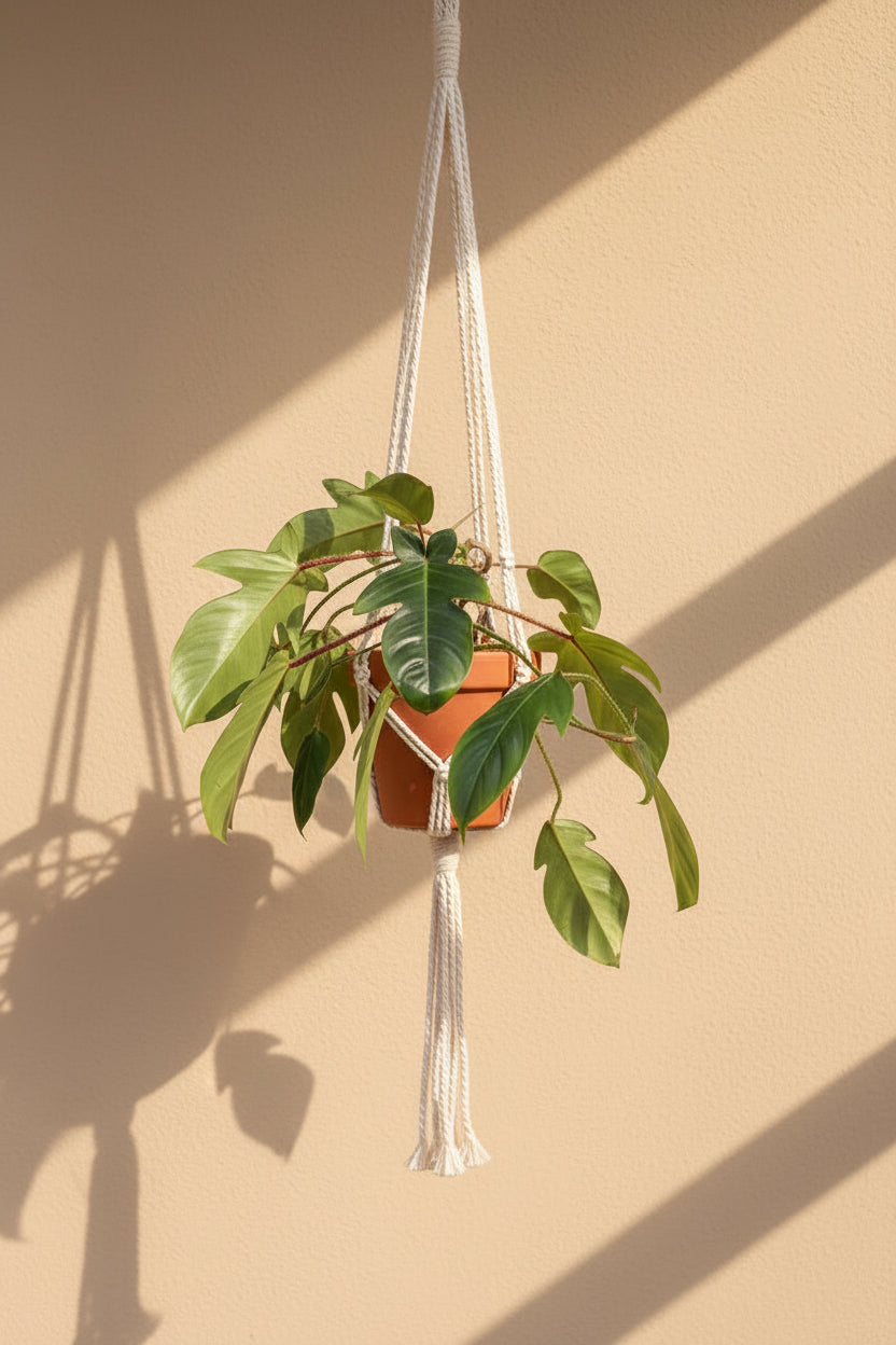 Philodendron squamiferum stuns with fuzzy red stems and deeply lobed leaves. A rare climbing beauty that adds wild, textural drama to any indoor jungle