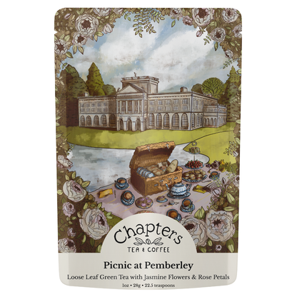 Elevate your tea ritual with our Picnic at Pemberley Jasmine Green Tea, inspired by Pride and Prejudice. This elegant blend of green tea, jasmine, and rose petals captures the romance of Austen&