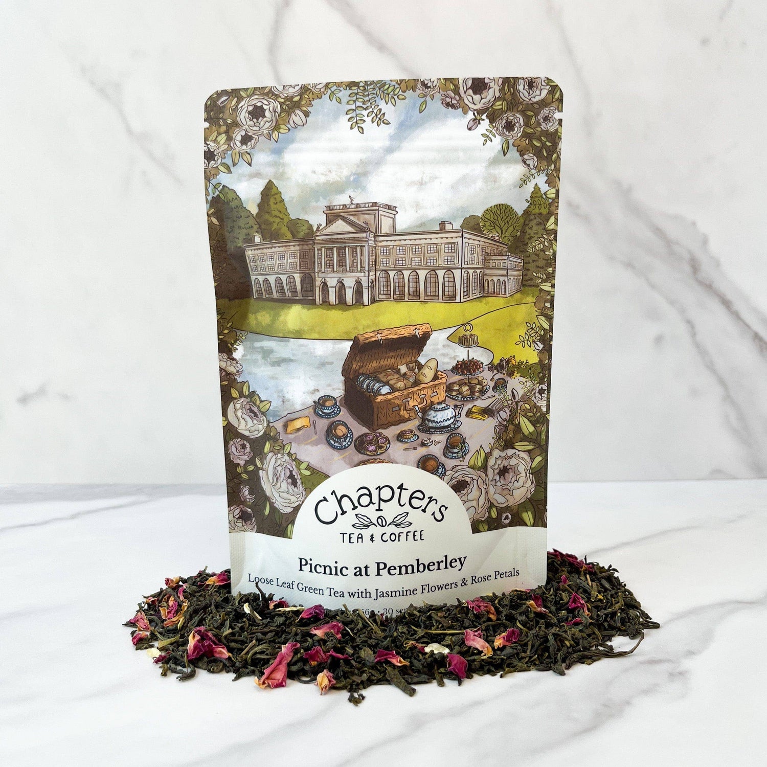 Elevate your tea ritual with our Picnic at Pemberley Jasmine Green Tea, inspired by Pride and Prejudice. This elegant blend of green tea, jasmine, and rose petals captures the romance of Austen&