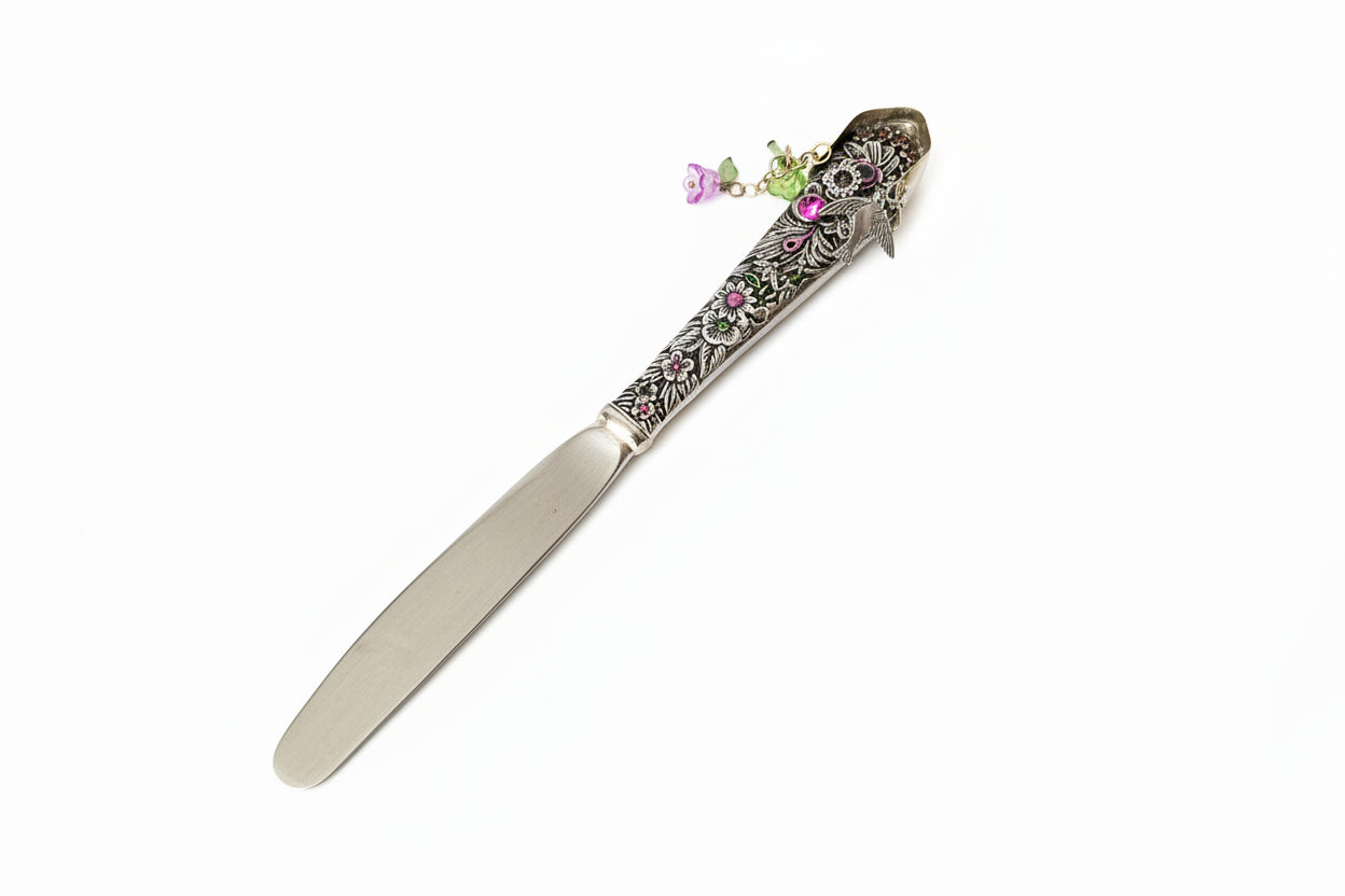 Handcrafted silverware birdhouse plant stake by KStonely. Upcycled, hand-painted, and beaded—whimsical cottagecore décor perfect for adding charm to any plant.