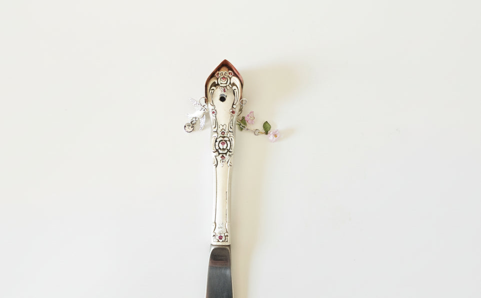 Handcrafted silverware birdhouse plant stake by KStonely. Upcycled, hand-painted, and beaded—whimsical cottagecore décor perfect for adding charm to any plant.