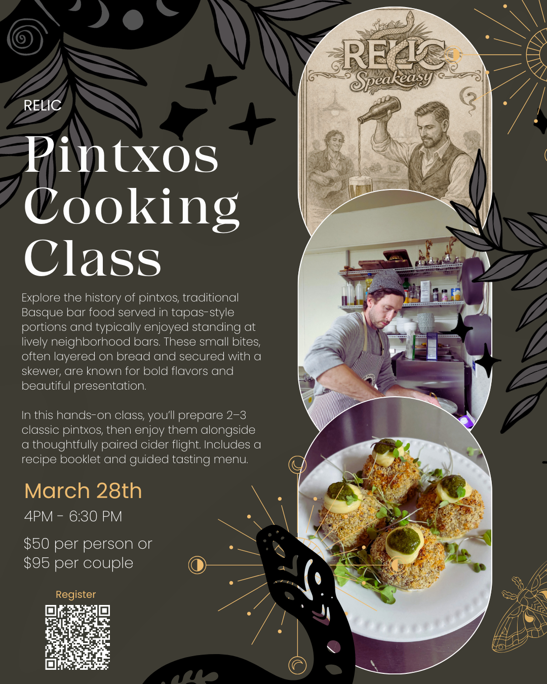 Pintxos Cooking Class at Relic – Learn to make traditional Basque bar bites and enjoy a paired cider flight. Includes recipes and guided tasting experience.