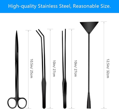 Enhance your terrarium or plant scaping with our 4-in-1 Terrarium Tools Kit, designed for precision and ease. Perfect for trimming delicate plants, arranging moss, or shaping landscapes. This versatile set includes a 10.5&quot; curved scissor, 10&quot; straight and curved tweezers, and a 12.5&quot; sand spatula.