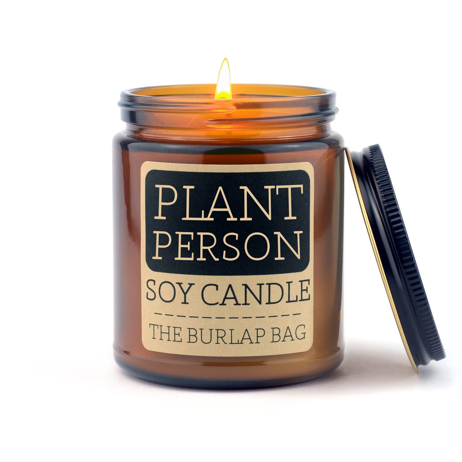 Plant Person: A fresh, earthy blend of tomato leaf, basil &amp; green vines in a minimalist amber jar. Hand-poured soy candle with a 50+ hr burn.